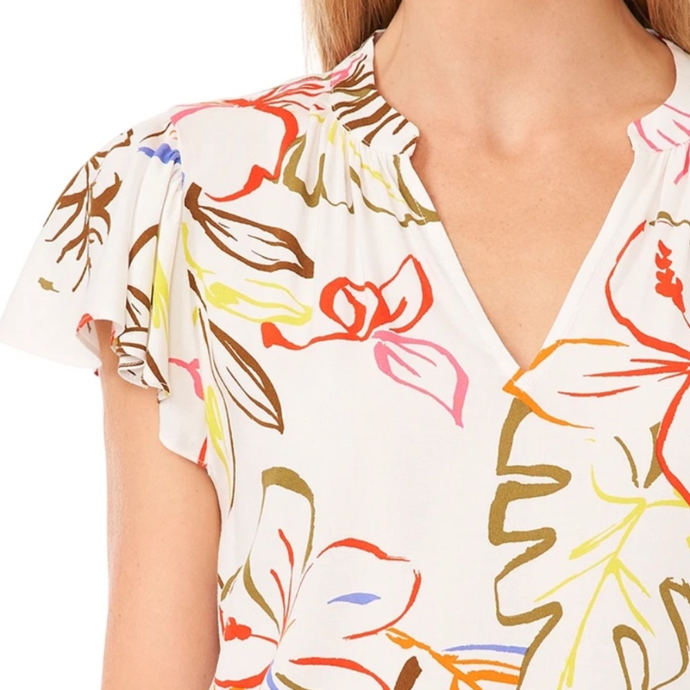 CeCe Tropical Floral Print Ruffle Sleeve Top – Size XL